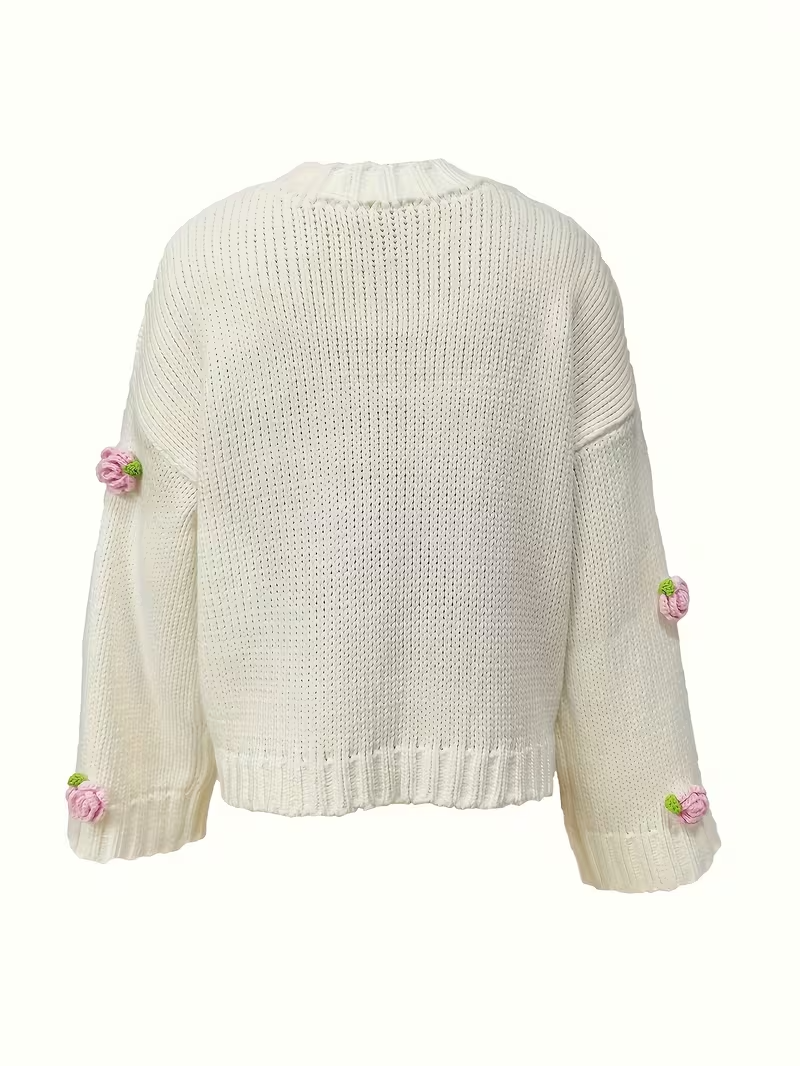 Women’s 3D Flower Knitted Sweater – Casual Loose Flare Sleeve Pullover