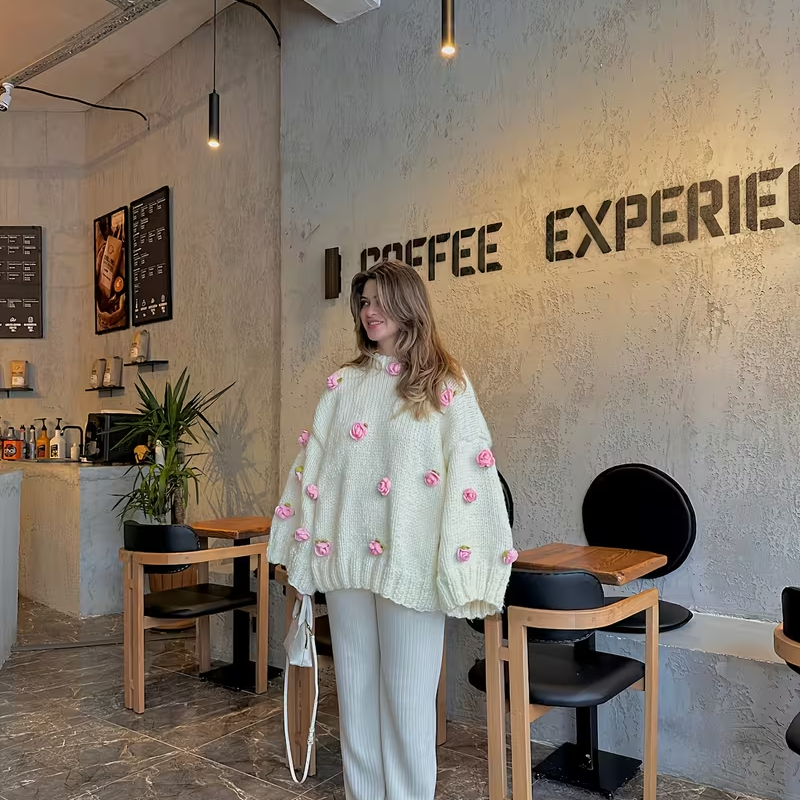 Women’s 3D Flower Knitted Sweater – Casual Loose Flare Sleeve Pullover