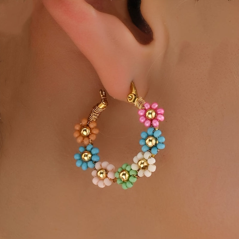 Bohemian Style Beaded Flower Hoop Earrings Trendy & Versatile
