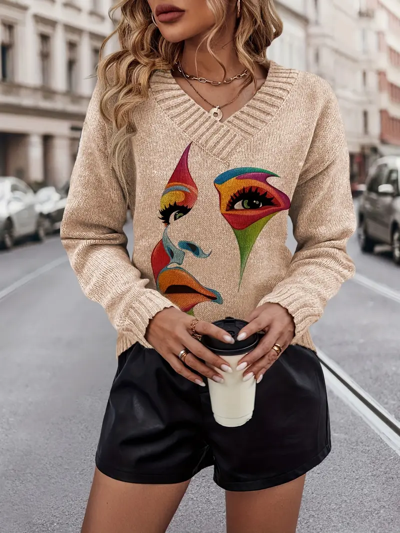 Chic Color-Block V-Neck Loose Pullover for Winter