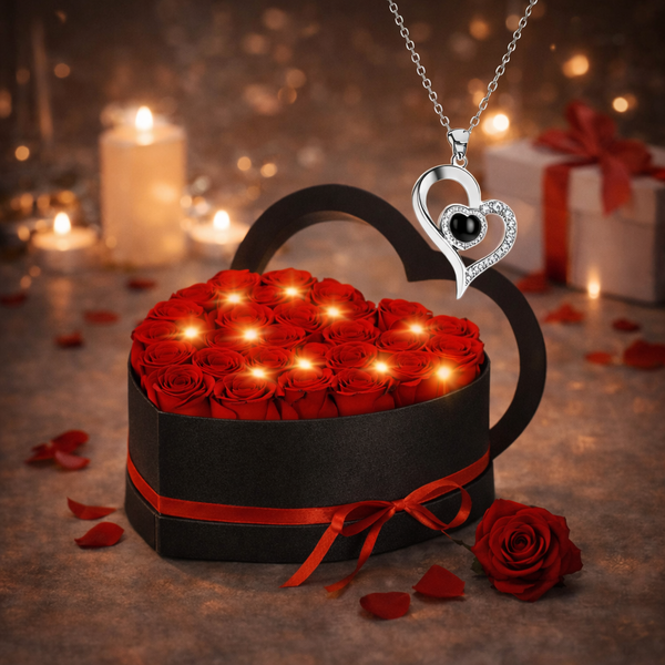 Heart Rose Gift Box with LED Lights & “I Love You” Necklace
