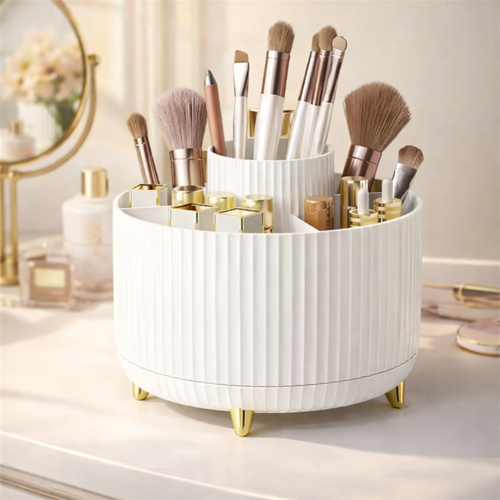 360° Rotating Makeup Organizer with 5 Compartments – Cosmetic & Brush Holder