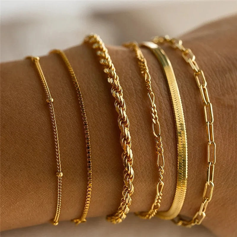 6Pcs Gold Boho Bracelet Set for Women – Vintage Cuban Chain Jewelry Gift - CartRare
