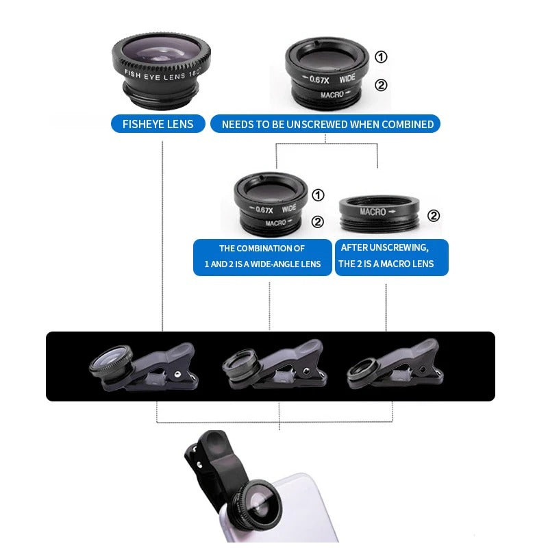 3-in-1 Smartphone Camera Lens Kit with Fisheye and Wide Angle - CartRare