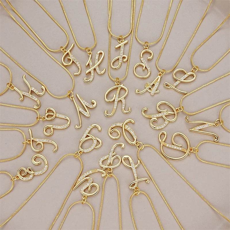 Gold Letter Pendant Necklace for Women – A-Z Alphabet Zircon Crystal Choker, Snake Chain Jewelry Gift - CartRare