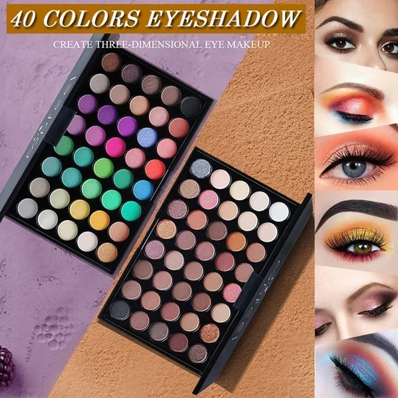 Professtional 40-Color Glitter & Matte Eyeshadow Palette – Waterproof, Long-Lasting Pressed Powder Makeup Kit for Women - CartRare