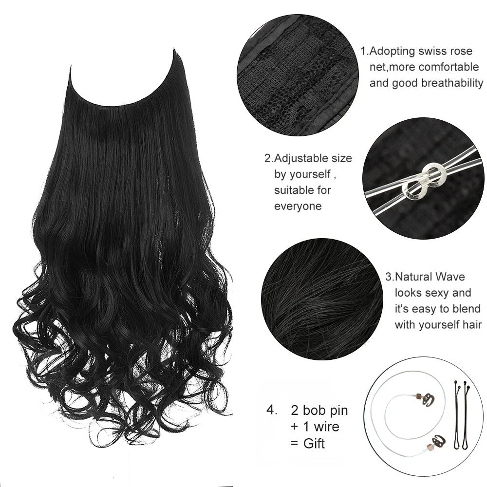 Premium Synthetic Invisible Wire Hair Extensions – Long Wavy Synthetic Hairpiece for Women, No Clips - CartRare