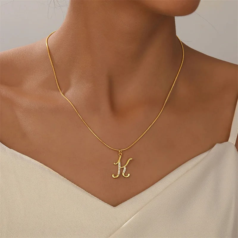 Gold Letter Pendant Necklace for Women – A-Z Alphabet Zircon Crystal Choker, Snake Chain Jewelry Gift - CartRare