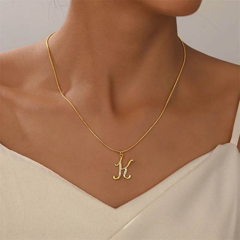 Gold Letter Pendant Necklace for Women – A-Z Alphabet Zircon Crystal Choker, Snake Chain Jewelry Gift - CartRare