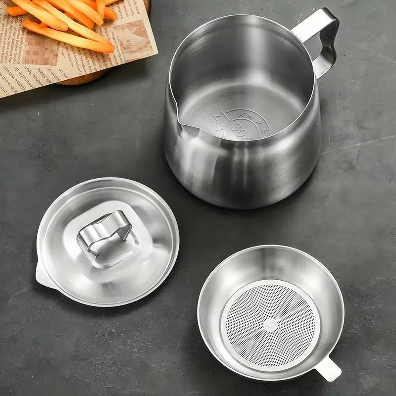 Stainless Steel Oil Filter Pot with Fine Mesh Strainer & Fry Basket – Grease Container for Kitchen Cooking Oil Storage - CartRare