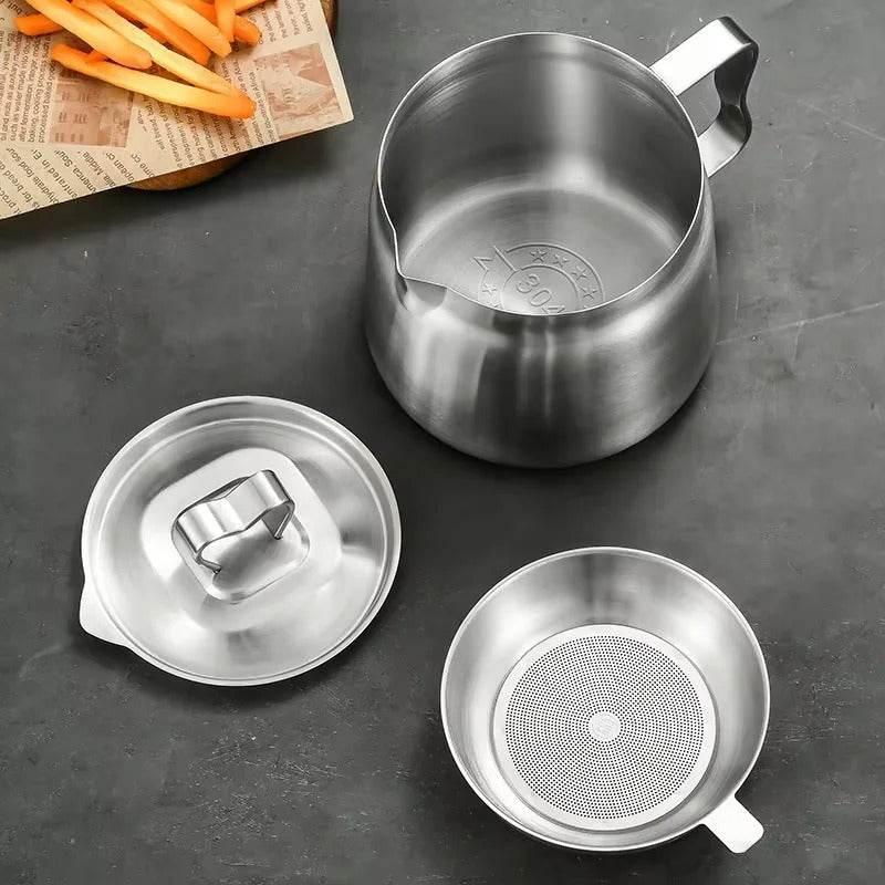 Stainless Steel Oil Filter Pot with Fine Mesh Strainer & Fry Basket – Grease Container for Kitchen Cooking Oil Storage - CartRare