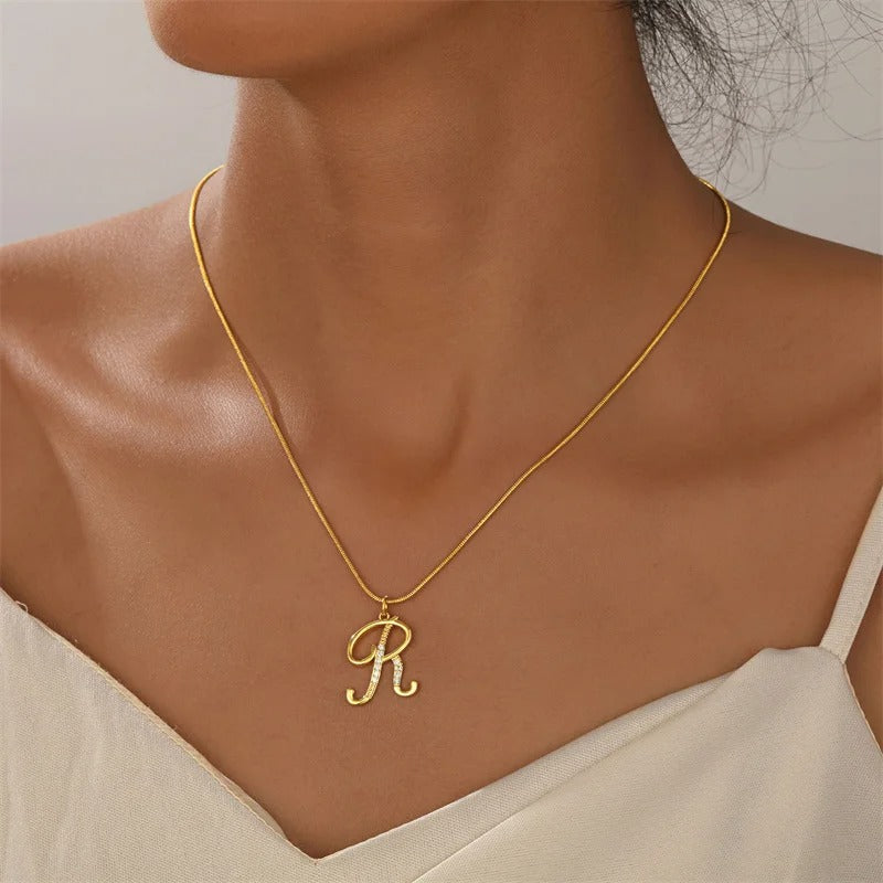 Gold Letter Pendant Necklace for Women – A-Z Alphabet Zircon Crystal Choker, Snake Chain Jewelry Gift - CartRare