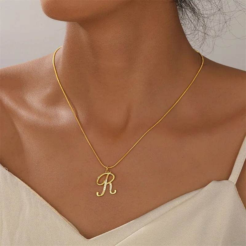 Gold Letter Pendant Necklace for Women – A-Z Alphabet Zircon Crystal Choker, Snake Chain Jewelry Gift - CartRare
