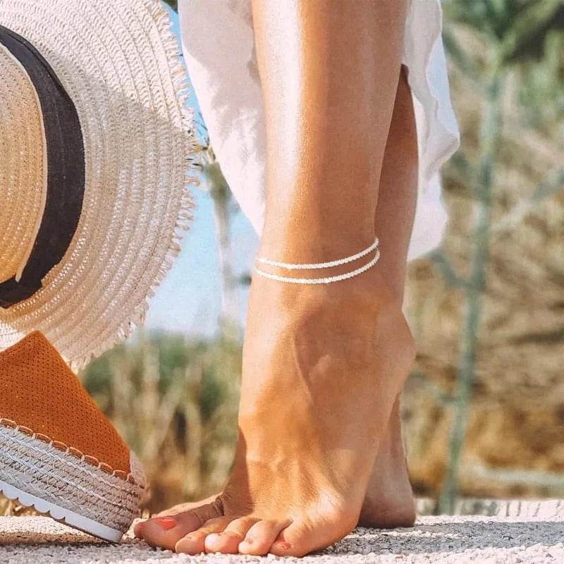 Dainty Layered Waterproof Anklet for Women - Adjustable Cross Pendant Sparkling Beach Jewelry - CartRare