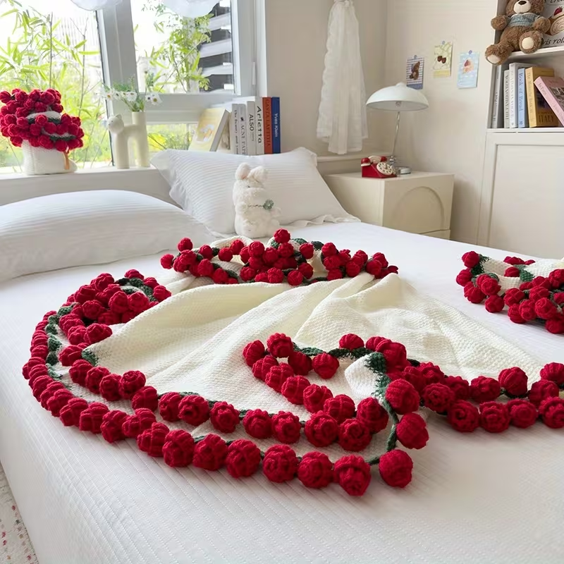 Crochet Flower Blanket & Bouquet Handmade Soft Lightweight Throw for Home & Gifts