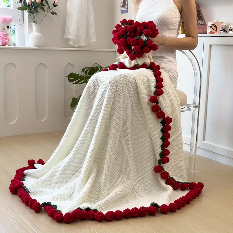 Crochet Flower Blanket & Bouquet Handmade Soft Lightweight Throw for Home & Gifts