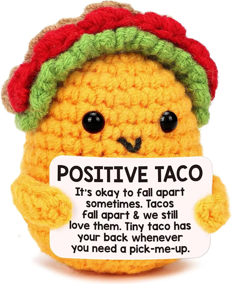 Crocheted positive taco plush with motivational message, perfect gift for taco lovers and positivity seekers