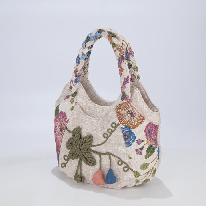 Handmade Bohemian Flower Tote Bag with Foldable Zipper, Shoulder Strap, and Matching Wristlet for Women’s Vacation