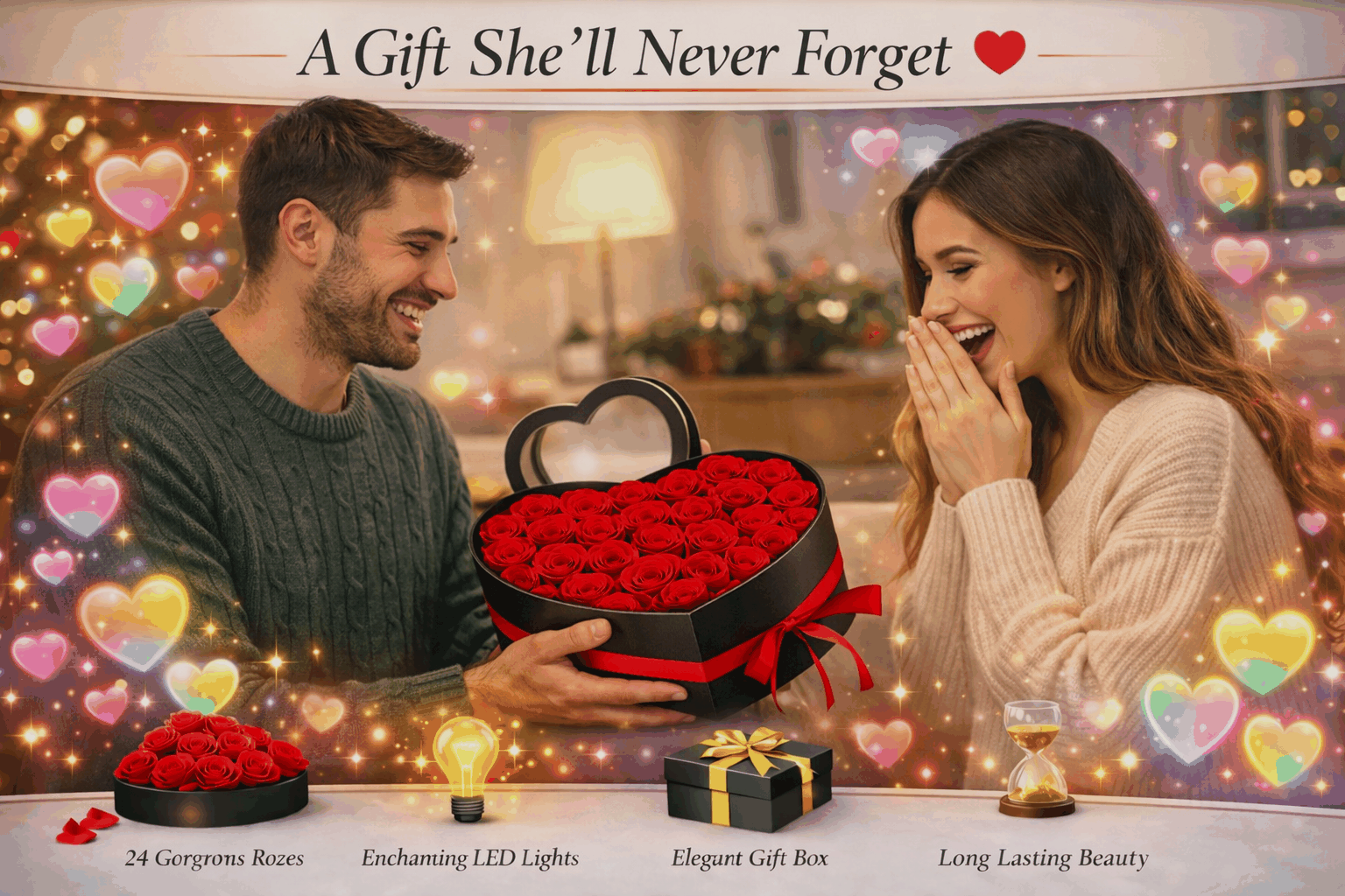Heart Rose Gift Box with LED Lights & “I Love You” Necklace