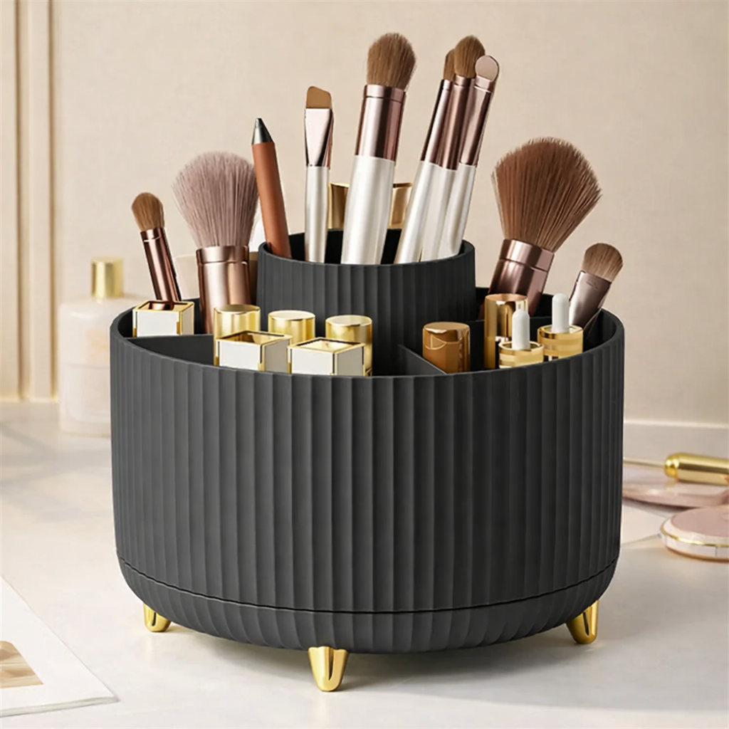 360° Rotating Makeup Organizer with 5 Compartments – Cosmetic & Brush Holder