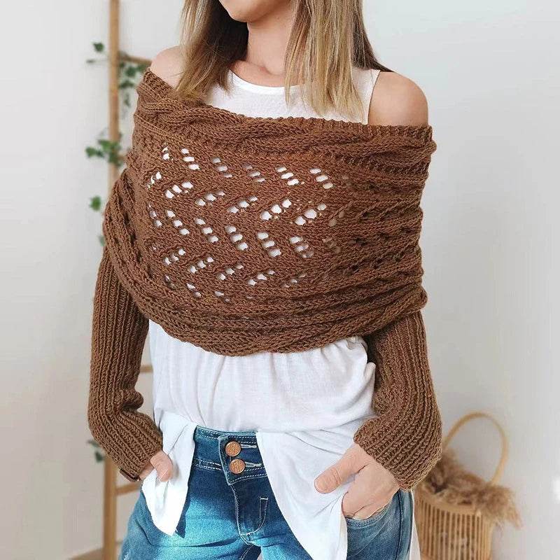 Bohemian Braided Crochet Sweater Scarf with Sleeves for Women - CartRare
