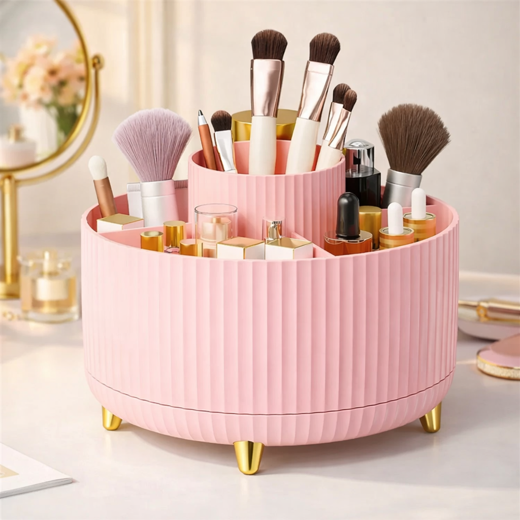 360° Rotating Makeup Organizer with 5 Compartments – Cosmetic & Brush Holder