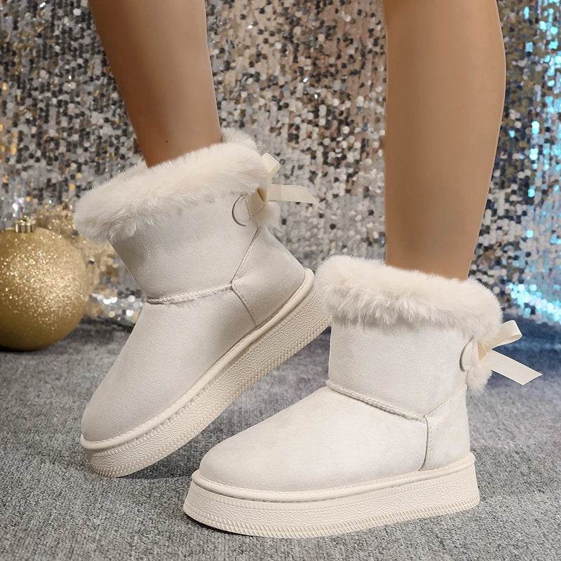 Bow Detail Round-Toe Flat Snow Boots – Soft Velvet Warm Winter Shoes for Women - CartRare