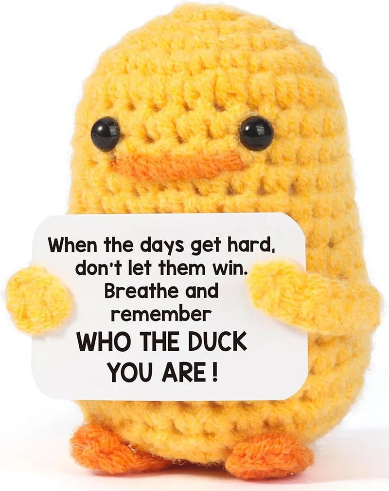 Crocheted yellow duck holding motivational quote sign, cute home decor gift